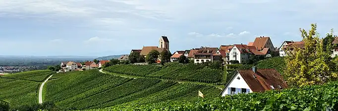  Panoramic view of Ötlingen from the southeast; the hilly landscape is typical for the region of Markgräflerland