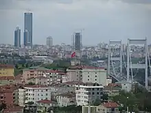 A view of the Bosporus from Kavacık. Businesses and residential buildings intersperse with secondary growth forests on a hilly landscape.