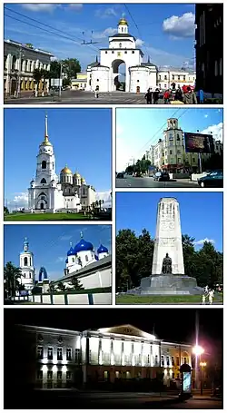 From up to the left: Gold gate, Uspensky cathedral, 72 Gorky street, Bogolyubsky Monastery, To wars to liberators Monument, Bolshava Moskovskaya street