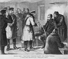 Osman Pasha surrendered his sword to Russian division commander Ivan Ganetsky, 1877