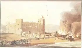 Image 20A painting of Laft under attack by British forces in December 1809. (from History of the United Arab Emirates)