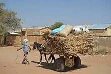 A small dark horse drawing a loaded wooden cart