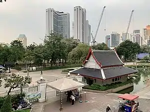 The hotel (tall buildings) as seen from the Benchasiri Park