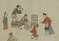 A community in Yuan dynasty; some of the hats and clothing of these figures appear to be Mongol-style; from the painting Street Scenes in Times of Peace (Chinese: 太平風會圖), Yuan dynasty 14th century.