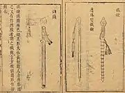 Two types of iron whips (middle and right) in military compendium Wu Bei Zhi