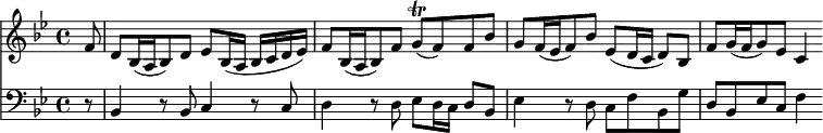 
<< <<
\new Staff { \clef treble \time 4/4 \partial 8 \key bes \major 
    \set Staff.midiInstrument = "oboe" \set Score.tempoHideNote = ##t 
    \relative c' { 
    f8 | d[ bes16( a bes8) d] es bes16( a bes c d es) | 
    f8[ bes,16( a bes8) f'] g\trill( f) f bes | 
    g[ f16( es f8) bes] es,( d16 c d8) bes | 
    f'8[ g16( f g8) es] c4 }
}
\new Staff { \clef bass \time 4/4 \key bes \major
    \set Staff.midiInstrument = "cello"
    \relative c {
    r8 | bes4 r8 bes c4 r8 c |
    d4 r8 d es d16 c d8 bes |
    es4 r8 d c f bes, g' |
    d bes es c f4 }
}
>> >>
\layout { indent = #0 }
\midi { \tempo 4 = 66 }
