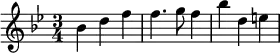 
 \relative c'' {
   \time 3/4
   \key bes \major
   bes4 d f | f4. g8 f4 | bes d, e |
}
