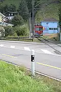 Car near Ruderbach stop and depot. Note the transition from the level adhesion section to the rack operated former funicular