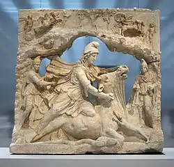 Image 22Marble relief of Mithras slaying the bull (2nd century, Louvre-Lens); Mithraism was among the most widespread mystery religions of the Roman Empire. (from Culture of ancient Rome)