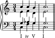 
   \new PianoStaff <<
      \new Staff <<
         \new Voice \relative c'' {
             \stemUp \clef treble \key c \major \time 3/4
             c4 c b c2.
             }
         \new Voice \relative c' {
             \stemDown
              e4 f d e2.
              }
            >>
     \new Staff <<
         \new Voice \relative c' {
             \stemUp \clef bass \key c \major \time 3/4
             g4 aes g g2.
             }
         \new Voice \relative c {
             \stemDown
             c4_\markup { \concat { "I" \hspace #1.5 "iv" \hspace #1.5 "V" \hspace #3.5 "I" } } f g c,2. \bar "||"
             }
         >>
    >>
