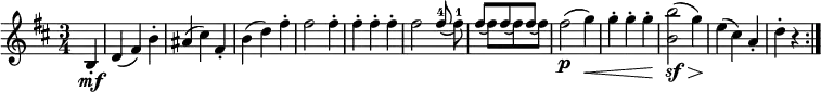  { \relative b { \key b \minor \time 3/4
\partial 4 b4-. \mf | d4( fis) b-. | ais4( cis) fis,-. | b4( d) fis-. | fis2 fis4-. | fis4-. fis-. fis-. |
fis2 << { \voiceOne \slurDown fis8^4( s) | fis8[( s) fis( s) fis]( s) }
      \new Voice { \voiceTwo s fis8^1 | s8 fis[ s fis s fis]} >> \oneVoice | fis2( \p g4) \< |
g4-. g-. g-. | <b b,>2( \sf \> g4) \! | e4( cis) a-. | d4-. r \bar ":|." }}
\layout { \context {\Score \override SpacingSpanner.common-shortest-duration = #(ly:make-moment 1/4) }} 