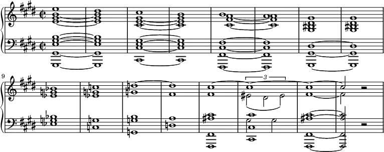 
\relative c' {
  \new PianoStaff <<
    \new Staff <<
      \new Voice {\set Staff.midiInstrument = #"brass section"
        \voiceOne \clef "treble" \key e \major \stemDown \time 2/2 \set Score.tempoHideNote = ##t \tempo 2 = 55
        <e gis b>1 _~ |
        <e gis b>1 |
        <cis e gis>1 _~ |
        <cis e gis>1 |
        <cis fis a>1 _~ |
        <cis fis a>1 |
        <gis bis dis>1 |
        <gis bis dis>1 |
        <es' g>1 |
        <es g>1 |
        g1 |
        fis1 |
        fis1 |
        <>_(\times 2/3 {
          eis2 dis2 eis2)
        } |
        fis1 _~ |
        fis2 b2\rest |
      }
      \new Voice {
        \voiceTwo
        \clef "treble" \key e \major \stemUp \time 2/2
        e1 |
        dis1 |
        cis1 |
        b1 |
        b1 |
        a1 |
        gis1 |
        gis1 \break |
        bes1 |
        c1 |
        d1 ^~ |
        d1 |
        cis1 ^~ |
        cis1 ^~ |
        cis1 ^~ |
        cis2 s2 |
      }
    >>
    \new Staff <<
      {
        \set Staff.midiInstrument = #"brass section" \key e \major \clef bass \time 2/2
        <gis,,, gis' e' gis b>1 ~ |
        <gis gis' e' gis b>1 |
        <cis cis' e gis>1 ~ |
        <cis cis' e gis>1 |
        <fis, fis' cis' fis>1 ~ |
        <fis fis' cis' fis>1 |
        <gis gis' dis'>1 ~ |
        <gis gis' dis'>1 |
        <es'' g bes>1 |
        <c g'>1 |
        <g g' b>1 |
        <d' a'>1 |
        <fis,, fis' ais' cis>1 |
        <cis' cis' cis'>1 |
        <fis, fis' ais' cis>1 ~ |
        <fis fis' ais' cis>2 r2 |
      }
      \new Voice {
        \voiceFour
        \clef "bass" \key e \major \stemDown \time 2/2
        s1*8 s1*5 |
        gis''2 gis2 |
        s1*2 |
      }
    >>
  >>
}
