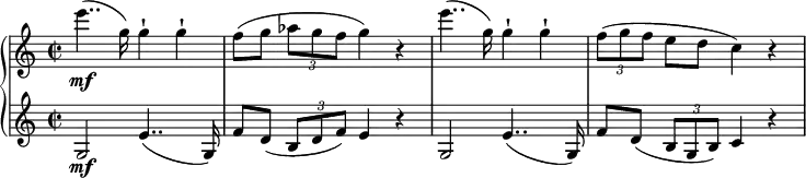 
{ \new PianoStaff <<
\new Staff \relative e''' { \set Staff.midiInstrument = #"piano" \key c \major \clef treble \time 2/2 \set Score.tempoHideNote = ##t \tempo 2 = 43
  e4.. \mf ( g,16 ) g4 -! g4 -! | % 2
  f8 [ ( g8 ]\noBeam \once \override TupletBracket #'stencil = ##f
  \times 2/3  {
    as8 g8 f8
  }
  g4 ) r4 | % 3
  e'4.. ( g,16 ) g4 -! g4 -! | % 4
  \once \override TupletBracket #'stencil = ##f
  \times 2/3  {
    f8 ( g8 f8
  }
  e8\noBeam [d8 ]c4 ) r4
  }
\new Staff \relative g { \set Staff.midiInstrument = #"piano" \key c \major \clef treble \time 2/2
  g2 \mf e'4.. ( g,16 ) | % 2
  f'8\noBeam [d8 ]( \once \override TupletBracket #'stencil = ##f
  \times 2/3  {
    b8 d8 f8 )
  }
  e4 r4 | % 3
  g,2 e'4.. ( g,16 ) | % 4
  f'8 \noBeam [d8 ] ( \once \override TupletBracket #'stencil = ##f
  \times 2/3  {
    b8 g8 b8 )
  }
  c4 r4 }
>> }
