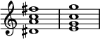 
{
\override Score.TimeSignature
#'stencil = ##f
\time 4/4 
\relative c' { 
      <dis a' c fis>1 <e g c g'>
   }
}
