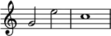  \relative c' { \override Score.TimeSignature #'stencil = ##f g'2 e'2 c1 } 