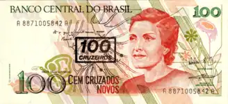 A NCz$100 banknote overstamped as Cr$100, portraying Cecília Meireles