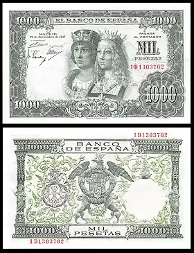 Image 13Spanish pesetaBanknote: Bank of SpainThe Spanish peseta is a former currency of Spain and, alongside the French franc, a former de facto currency in Andorra. It was introduced in 1868, replacing the peso, at a time when Spain was considering joining the Latin Monetary Union. Spain joined the euro in 1999, and the peseta was replaced by euro notes and coins in 2002.This picture shows a 1000 peseta banknote from 1957. The obverse depicts the Catholic Monarchs while the reverse shows the coat of arms of Spain.More selected pictures