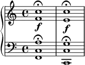  { \new PianoStaff << \new Staff \relative c'' { \clef treble <c f,>1\fermata\f | <c e,>\fermata\f } \new Staff \relative c' { \clef bass <a c, f,>1\fermata | <g c, c,>1\fermata } >> } 