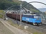 A freight train leaving the Vítkov tunnels towards Sluncová junction