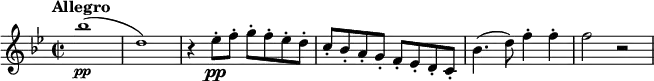 
\relative c''' {
  \tempo "Allegro"
  \tempo 2 = 90
  \set Staff.midiInstrument = #"violin"
  \key bes \major
  \time 2/2
  \tiny bes1\pp (| d,) | \normalsize r4 es8-.\pp f-. g-. f-. es-. d-. | c-. bes-. a-. g-. f-. es-. d-. c-. | bes'4. (d8) f4-. f-. | f2 r
}
