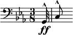  \relative c { \clef bass \time 3/8 \key c \minor \partial 32*1 g32^^\ff | c8^^ } 