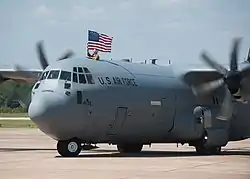 A C-130J Super Hercules taxis onto the flight line at Little Rock AFB after returning from supporting operations in Southwest Asia in September 2015.