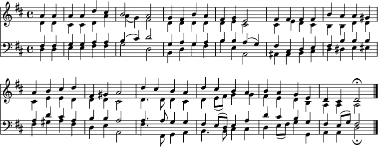 
<< <<
\new Staff { \clef treble \time 4/4 \partial 2 \key d \major \set Staff.midiInstrument = "church organ" \set Score.tempoHideNote = ##t \override Score.BarNumber  #'transparent = ##t
  \relative c'' 
  << { a4 a | a a d cis | b2 a | g4 fis b a | fis g e2 |
  fis4 fis fis fis | b a a gis | a b cis d | fis, gis a2 |
  d4 cis b a | d cis b a | b a g e | d cis d2\fermata\bar"|." } \\
  { d4 d | cis cis d a' | a( g) fis2 | d4 d d d | d e cis2 |
  cis4 e d cis | b b d d | cis e e d | d d cis2 |
  d4. d8 d4 cis | d e8( fis) g4 g | fis e d b | a a a2 } >>
}
\new Lyrics \lyricmode {
}
\new Staff { \clef bass \key d \major \set Staff.midiInstrument = "church organ"
  \relative c
  << { fis4 fis | g g a a | b( cis) d2 | g,4 a g a | b b a( g) |
  fis cis d e | fis b b b | a d cis a | b b a2 |
  a4. a8 g4 g | fis e8( d) e4 a | d cis b g | fis e8( g) fis2 } \\
  { d4 d | e e fis fis | g2 d | b4 d g fis | b e, a,2 | 
  ais4 ais b cis | d dis e eis | fis gis a fis | d e a,2 |
  fis'4. fis,8 g4 a | b4. b8 cis4 cis | d e8( fis) g4 g, | a a d2\fermata } >>
}
>> >>
\layout { indent = #0 }
\midi { \tempo 4 = 100 }
