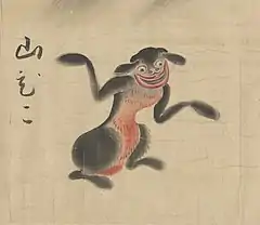 16 Yamabiko (山びこ) is a yōkai in Japanese folklore that can be found in mountainous terrain. When echoes appear to be coming from a mysterious origin or come back sounding different, this is attributed to a yamabiko. Directly translated, "yamabiko" means "echo." However, the kanji characters translate closer to "spirit of the valley reverberation". Commonly it is written with the characters for "mountain" and "boy," referring to both the habitat of the yamabiko and its smaller stature. It is a relatively harmless yōkai, causing confusion rather than any serious injury. On the rare occasion when they are seen and not just heard, they appear as a hybrid between a dog and monkey. Living deep in the mountains, direct encounters with the yamabiko are rare. This small and elusive yōkai was not officially classified until the Edo period in Japan. Instead, the bizarre noises coming from the mountain were attributed to natural phenomena such as birds and not given any spiritual significance. Artists often depict the yamabiko in this same pose, with arms out to the side as if it is shrugging. Typically it is shown crouching on top of a mountain, showing where the yokai can be found in the wild. The depiction on this scroll differs from typical illustrations in that regard. It is usually shown with gray fur, a peach-colored belly, floppy ears, a large grin, and arms outstretched.