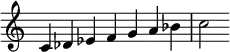  {
\override Score.TimeSignature #'stencil = ##f
\relative c' { 
  \clef treble \time 7/4
  c4 des es f g a bes c2
} }
