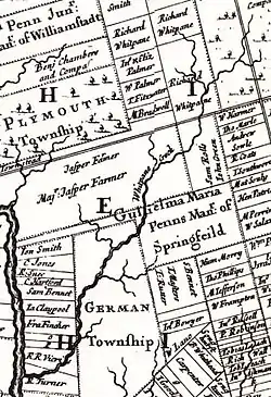 Detail of Thomas Holme's 1687 map of Pennsylvania. Spring Mill is located along the left border, at the bend in the Schuylkill River.