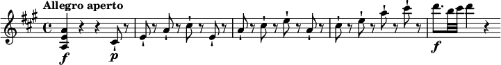 
\relative c'' { \set Staff.midiInstrument = #"violin"
  \key a \major
  \tempo "Allegro aperto"
  <a e a,>4\f r r cis,8-!\p r |
  e-! r a-! r cis-! r e,-! r |
  a-! r cis-! r e-! r a,-! r |
  cis-! r e-! r a-! r cis-! r |
  d8.\f b32 cis d4 r
}
