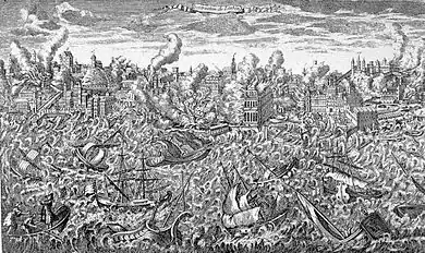 Image 9This 1755 copper engraving shows the ruins of Lisbon in flames and a tsunami overwhelming the ships in the harbor. (from History of Portugal)