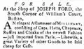 Ad for "millinary, consisting of caps, hatts, chapeaux, ruffles and cloaks of the newest fashion-- just imported from Paris," Feb. 1782