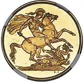 Gold coin showing a naked man, intended to be a knight, battling a dragon