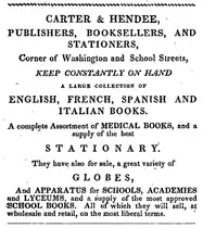 Ad for Carter & Hendee, booksellers; Washington St. and School St., Boston, 1832