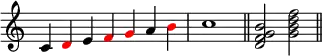  {
\override Score.TimeSignature #'stencil = ##f
\relative c' { 
  \clef treble 
  \time 7/4 c4 \once \override NoteHead.color = #red d e \once \override NoteHead.color = #red f \once \override NoteHead.color = #red g a \once \override NoteHead.color = #red b \time 4/4 c1 \bar "||"
  \time 4/4 <d, f g b>2 <g b d f> \bar "||"
} }
