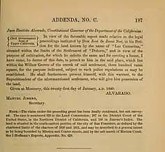 January 21, 1840: Governor Alvarado confirmation of Las Camaritas