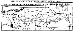 Image 611859 map of route from Sioux City, Iowa, through Nebraska, to gold fields of Wyoming, partially following old Mormon trails. (from History of Wyoming)