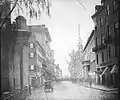 Tremont Street, 1860s; Tremont House at right, Park St. Church in distance