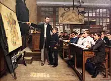 Image 7Albert Bettannier's 1887 painting La Tache noire depicts a child being taught about the "lost" province of Alsace-Lorraine in the aftermath of the Franco-Prussian War – an example of how European schools were often used in order to inoculate Nationalism in their pupils. (from School)