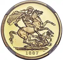 Gold coin showing a naked man, intended to be a knight, battling a dragon