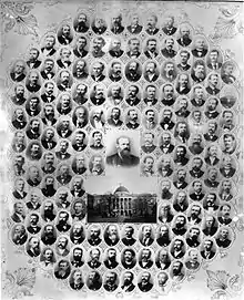 Image 1A poster showing the members of the 1890 Mississippian state constitutional convention. The members were overwhelmingly white Democrats; the only black member was a man who was allowed into the convention for his willingness to support black disenfranchisement. (from History of Mississippi)