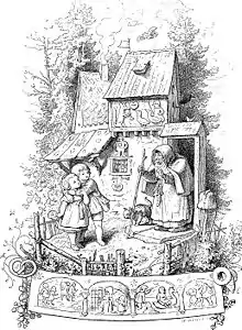 Elaborate ink-on-paper drawing of Hansel and Gretel and a witch