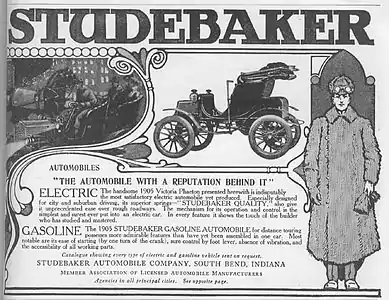 1905 advertisement for electric and gasoline-powered cars