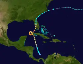 A map depicting the track of a hurricane that starts in the southern Caribbean, heads north towards Cuba, and completes a counter-clockwise loop in the extreme southern Gulf of Mexico. It then proceeds northeastward through the Florida Peninsula and ultimately dissipates over the Atlantic.