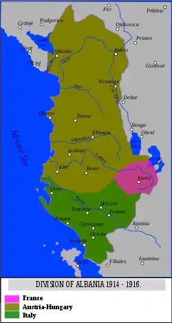 Map showing the zones of control of Albania during WWI