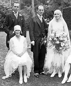 Men wearing morning dress and spats in wedding photo, 1929.