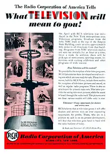 Ad for the beginning of experimental 441-line television broadcasting in New York City by RCA in 1939.