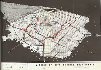 A 1948 plan showing San Francisco's trafficways, which would later become the freeways and major streets in the city.