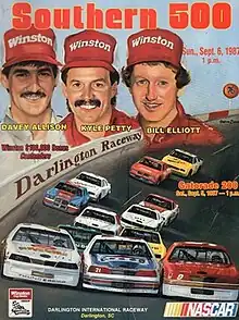 The 1987 Southern 500 program cover, featuring Davey Allison, Kyle Petty, and Bill Elliott.